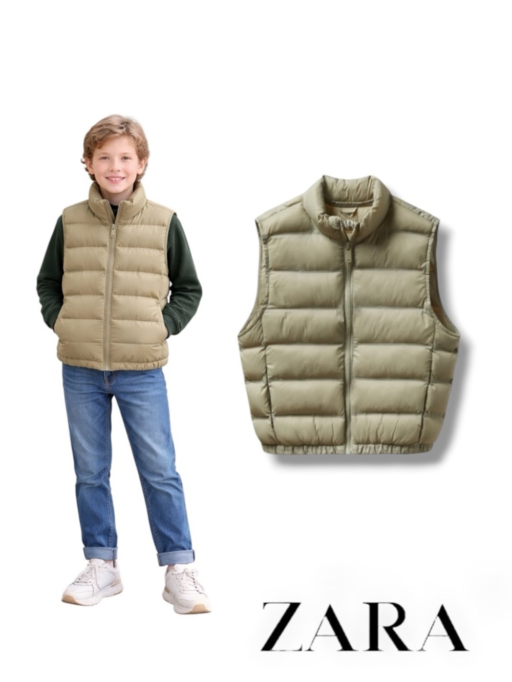 ZARA Kids Khaki Heat-Sealed Puffer Vest NWT Size 11/12